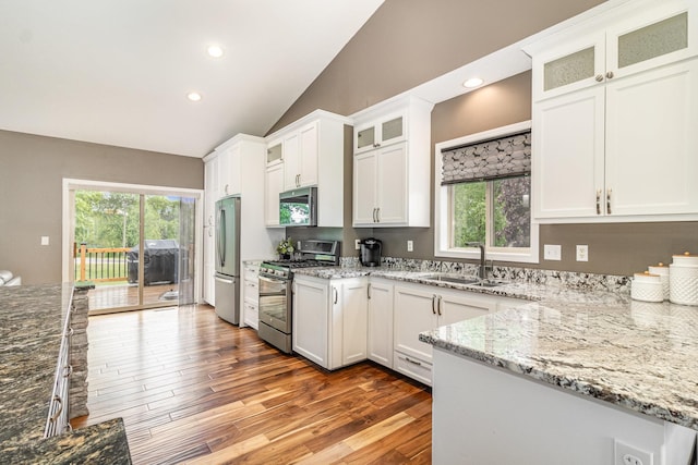 1270 145th Ave NW, Andover, MN 55304 - kitchen with stainless steel appliances, a sink, vaulted ceiling, healthy amount of natural light, and wood finished floors