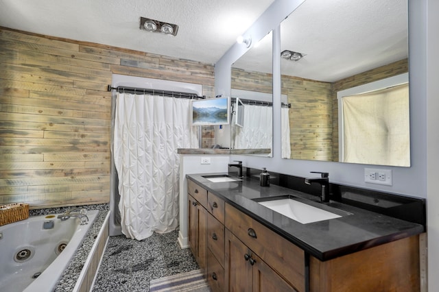 8132 Fillmore St NE, Spring Lake Park, MN 55432 - full bathroom with double vanity, a textured ceiling, and wood walls