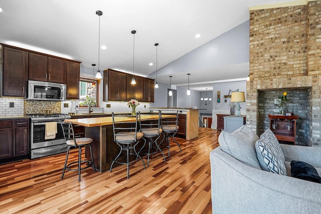 8132 Fillmore St NE, Spring Lake Park, MN 55432 - kitchen with stainless steel appliances, open floor plan, a breakfast bar area, dark brown cabinets, and light wood-style flooring