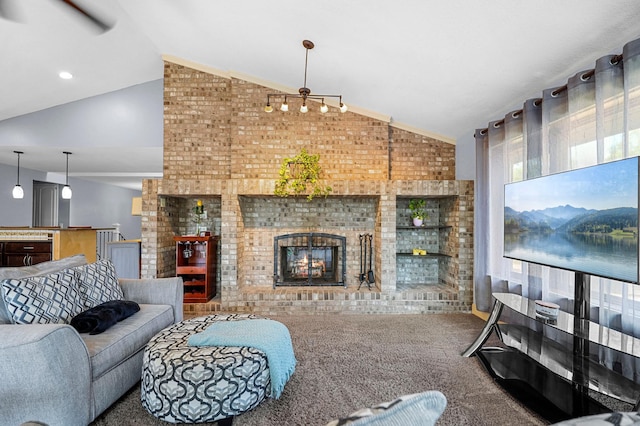8132 Fillmore St NE, Spring Lake Park, MN 55432 - living room featuring vaulted ceiling, carpet flooring, a fireplace, and brick wall