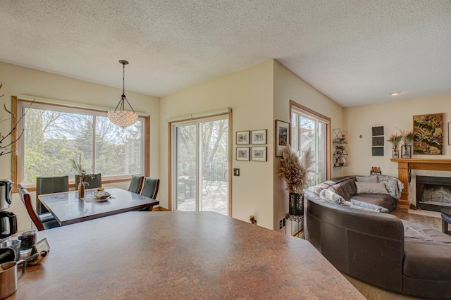 2167 Woodbridge Way, Woodbury, MN 55125 - dining area with a fireplace and a textured ceiling