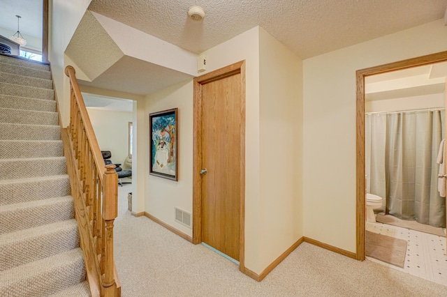 2167 Woodbridge Way, Woodbury, MN 55125 - stairway featuring carpet flooring, baseboards, and a textured ceiling