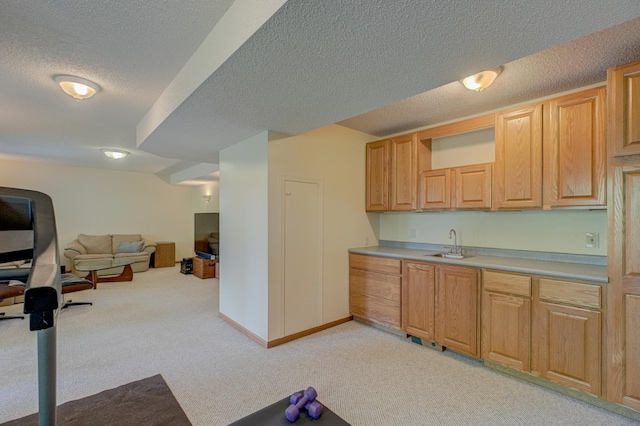 2167 Woodbridge Way, Woodbury, MN 55125 - kitchen featuring a sink, light colored carpet, a textured ceiling, open floor plan, and light countertops