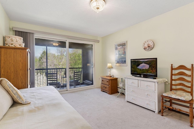 bedroom featuring access to exterior, carpet, and baseboard heating