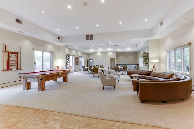recreation room featuring a baseboard radiator, pool table, recessed lighting, and carpet flooring