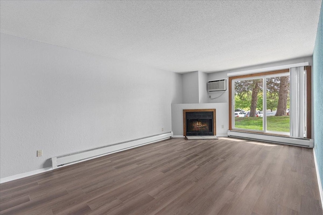 3440 Golfview Dr Unit 123, Eagan, MN 55123 - unfurnished living room featuring baseboard heating, a baseboard radiator, wood finished floors, an AC wall unit, and a lit fireplace