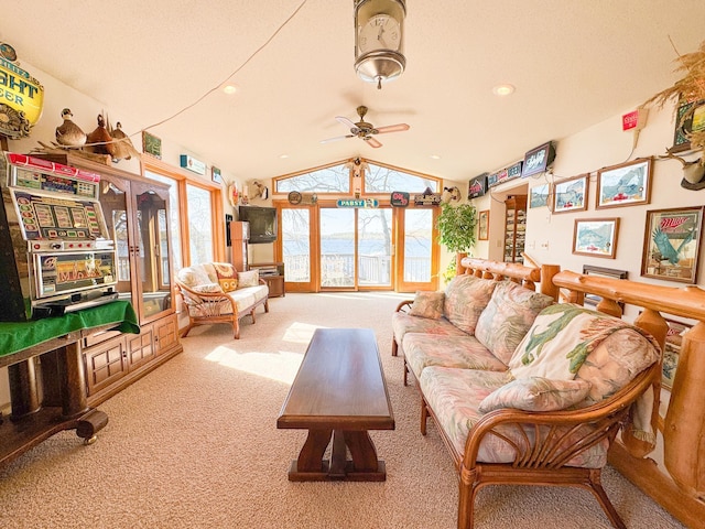 49262 Big Pine Rd, Perham, MN 56573 - carpeted living area with lofted ceiling and a ceiling fan