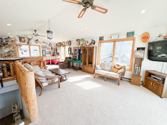 49262 Big Pine Rd, Perham, MN 56573 - living area featuring a ceiling fan, light carpet, lofted ceiling, and recessed lighting