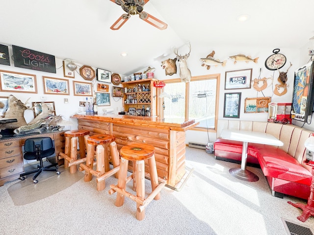 49262 Big Pine Rd, Perham, MN 56573 - indoor dry bar featuring ceiling fan, lofted ceiling, and speckled floor