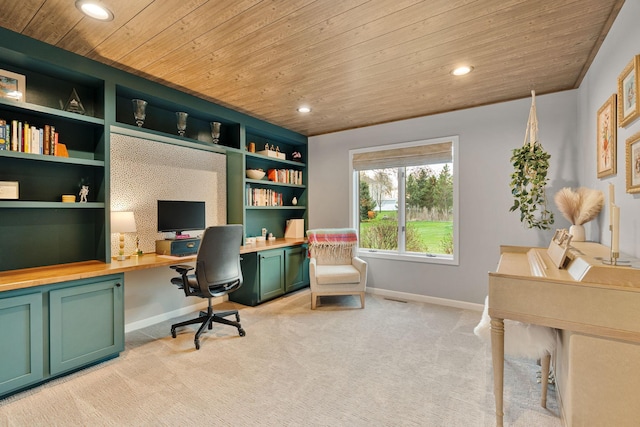 office with wooden ceiling, built in study area, baseboards, recessed lighting, and light colored carpet