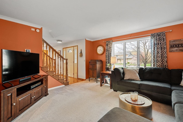 living area with stairs, crown molding, baseboards, and light carpet