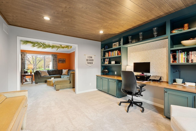 office featuring built in desk, wood ceiling, light carpet, baseboards, and recessed lighting