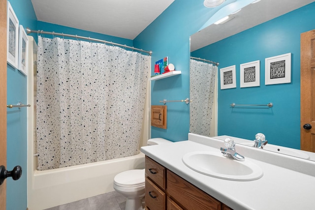 bathroom featuring tile patterned flooring, toilet, vanity, and shower / bathtub combination with curtain