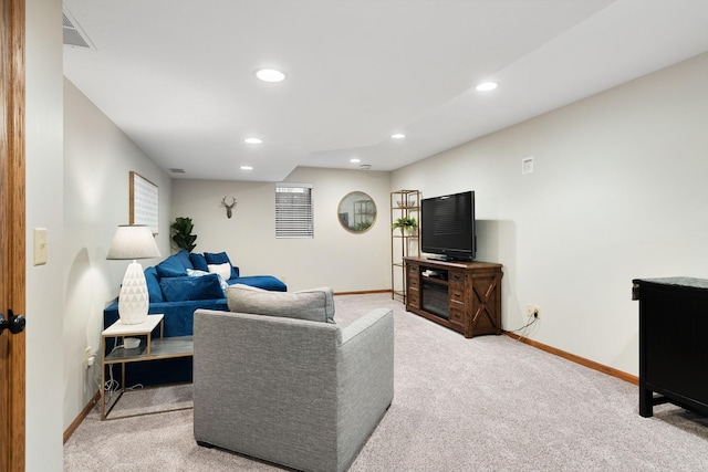 carpeted living room with baseboards and recessed lighting