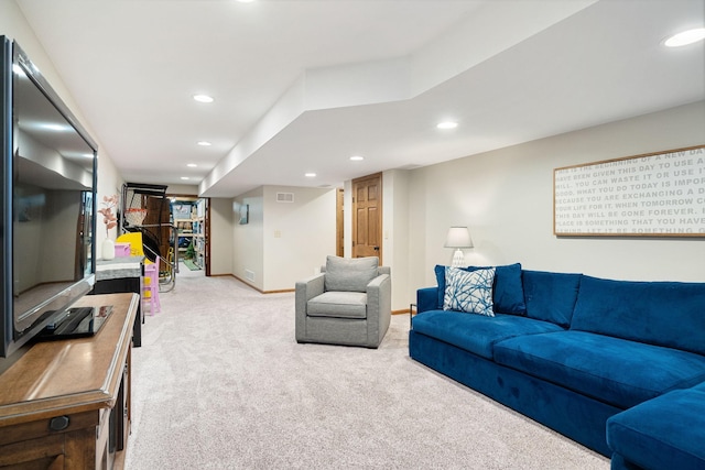 living room featuring carpet floors, recessed lighting, and baseboards