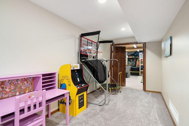 playroom featuring carpet, recessed lighting, and baseboards