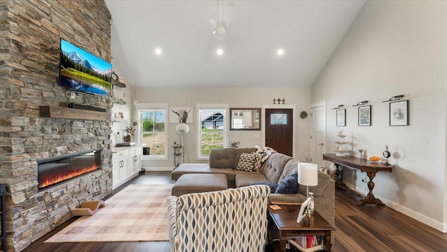 12911 Turtle Lake Ct SW, Lake Mary Twp, MN 56308 - living room featuring high vaulted ceiling, a stone fireplace, wood finished floors, baseboards, and recessed lighting