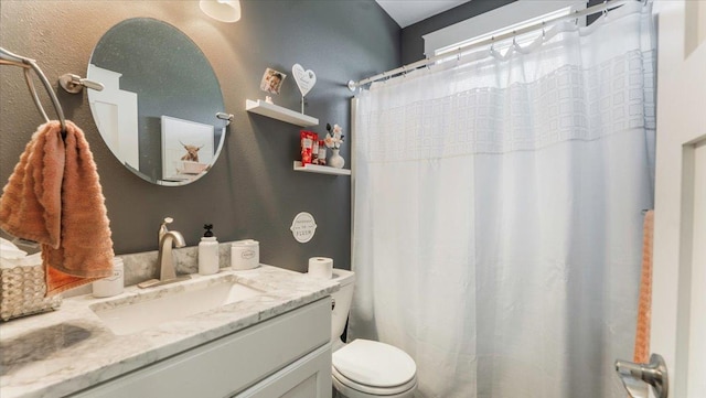 12911 Turtle Lake Ct SW, Lake Mary Twp, MN 56308 - full bath with toilet, vanity, a textured wall, and a shower with curtain