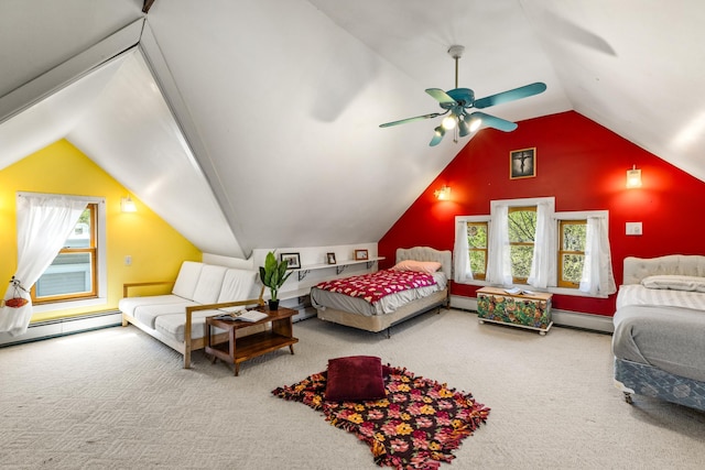 carpeted bedroom with a baseboard heating unit, vaulted ceiling, multiple windows, and a ceiling fan