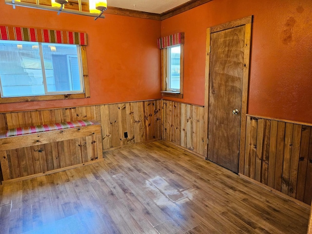 spare room with a wainscoted wall, wood finished floors, and wood walls