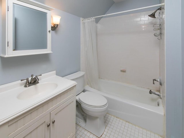 bathroom featuring tile patterned floors, shower / bathtub combination with curtain, toilet, and vanity