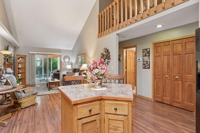 5662 Donegal Dr, Shoreview, MN 55126 - kitchen with high vaulted ceiling, light countertops, wood finished floors, a center island, and open floor plan