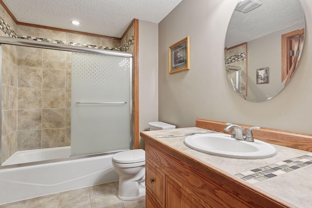 5662 Donegal Dr, Shoreview, MN 55126 - full bath featuring a textured ceiling, vanity, tile patterned flooring, combined bath / shower with glass door, and recessed lighting