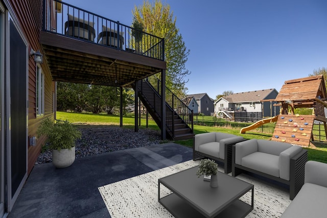 view of patio with a playground, stairs, a residential view, an outdoor hangout area, and a wooden deck