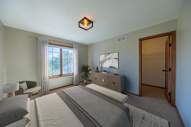 carpeted bedroom featuring baseboards and a spacious closet