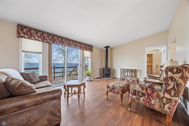 24295 Matson Point Trl, Lida Twp, MN 56572 - living room with a wood stove, wood finished floors, lofted ceiling, a textured ceiling, and baseboards