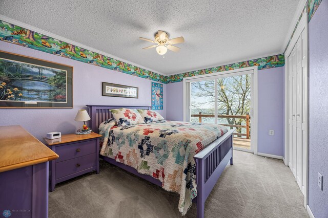24295 Matson Point Trl, Lida Twp, MN 56572 - carpeted bedroom with a textured ceiling, a ceiling fan, ornamental molding, and access to outside