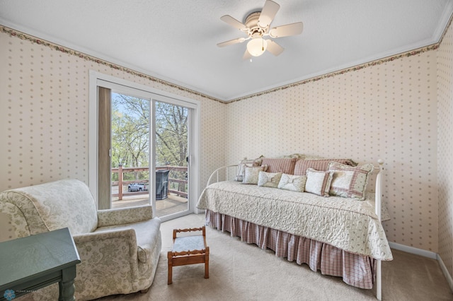 24295 Matson Point Trl, Lida Twp, MN 56572 - bedroom featuring wallpapered walls, light colored carpet, access to outside, a ceiling fan, and baseboards