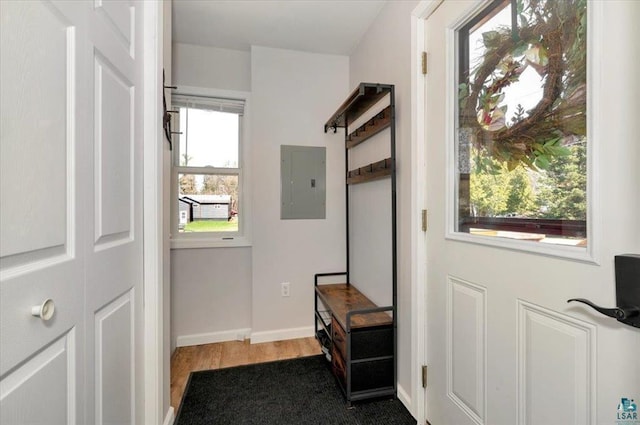 entryway featuring electric panel, wood finished floors, and baseboards