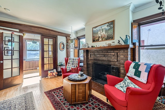 living area featuring crown molding, hardwood / wood-style floors, a fireplace, and radiator