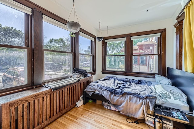 bedroom with light wood-type flooring and ornamental molding