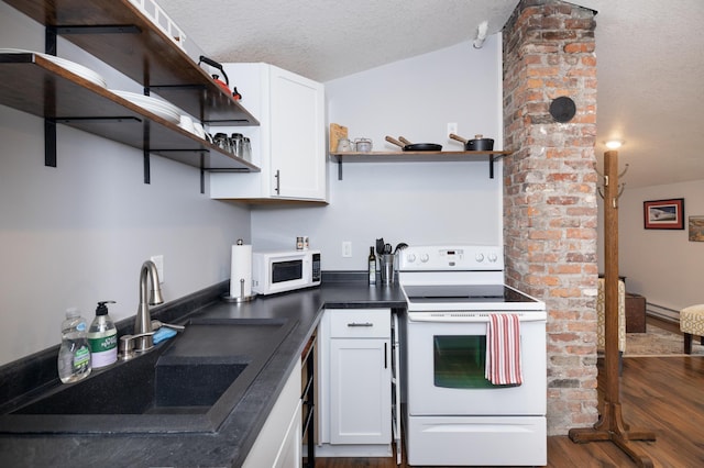 504 Buchanan St, Red Wing, MN 55066 - kitchen featuring open shelves, white appliances, a sink, dark wood-style floors, and dark countertops