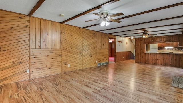 unfurnished living room with ceiling fan, beam ceiling, wooden walls, and wood finished floors