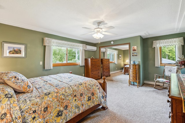50 Lakeview Dr NW, Cokato, MN 55321 - carpeted bedroom featuring an AC wall unit, baseboard heating, ceiling fan, baseboards, and crown molding
