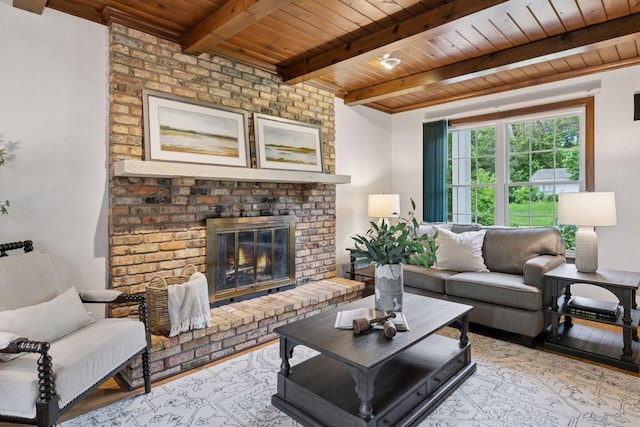 5235 139th St, Savage, MN 55378 - living area with a wood ceiling with exposed beams and a brick fireplace