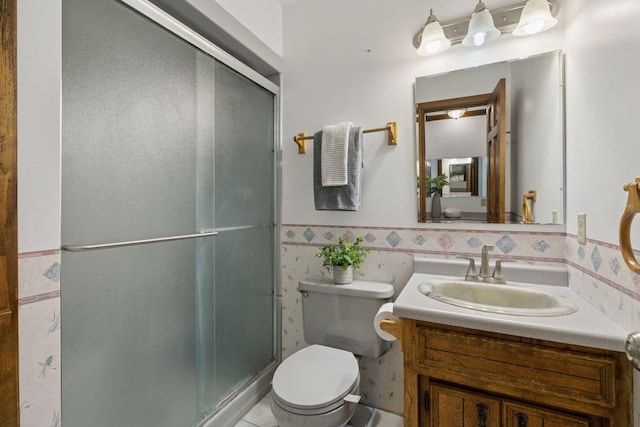 5235 139th St, Savage, MN 55378 - full bathroom featuring wainscoting, vanity, a stall shower, and tile walls