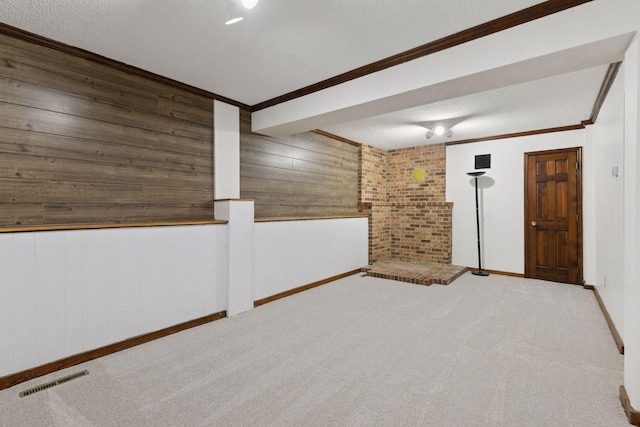 5235 139th St, Savage, MN 55378 - empty room featuring a textured ceiling, ornamental molding, wood walls, and carpet flooring