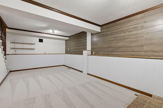 5235 139th St, Savage, MN 55378 - finished basement with wooden walls, ornamental molding, a textured ceiling, carpet, and stairs