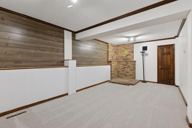 5235 139th St, Savage, MN 55378 - spare room with a textured ceiling, crown molding, wooden walls, and carpet
