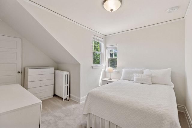 4201 Dupont Ave S, Minneapolis, MN 55409 - bedroom with radiator, light colored carpet, baseboards, and lofted ceiling