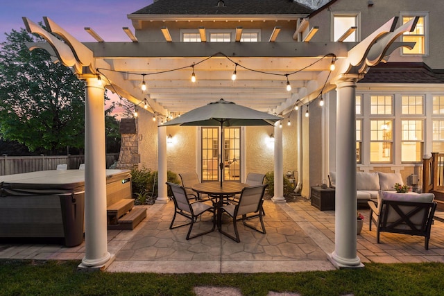 4201 Dupont Ave S, Minneapolis, MN 55409 - view of patio featuring a hot tub, french doors, a pergola, an outdoor living space, and outdoor dining area