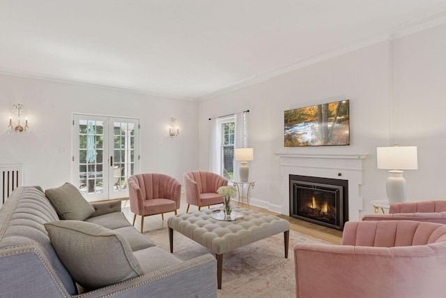 4201 Dupont Ave S, Minneapolis, MN 55409 - living area featuring a glass covered fireplace, ornamental molding, and light wood-type flooring