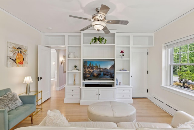 4201 Dupont Ave S, Minneapolis, MN 55409 - living room featuring a baseboard heating unit, light wood-type flooring, and ceiling fan