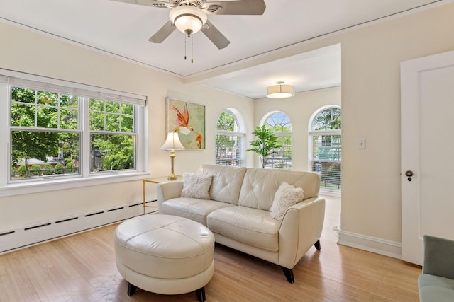 4201 Dupont Ave S, Minneapolis, MN 55409 - living room with a baseboard radiator, light wood-type flooring, a ceiling fan, and baseboards