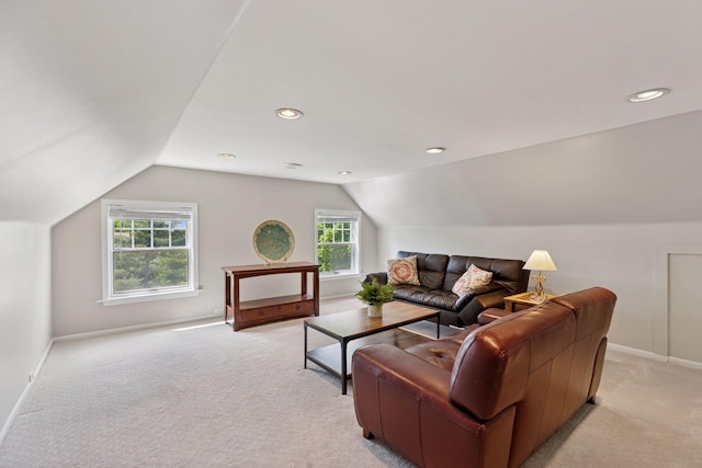 4201 Dupont Ave S, Minneapolis, MN 55409 - living area with lofted ceiling, light carpet, baseboards, and recessed lighting