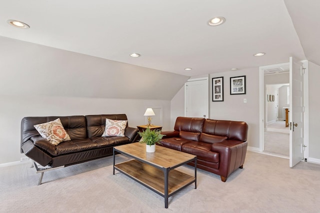 4201 Dupont Ave S, Minneapolis, MN 55409 - living area featuring light carpet, recessed lighting, vaulted ceiling, and baseboards